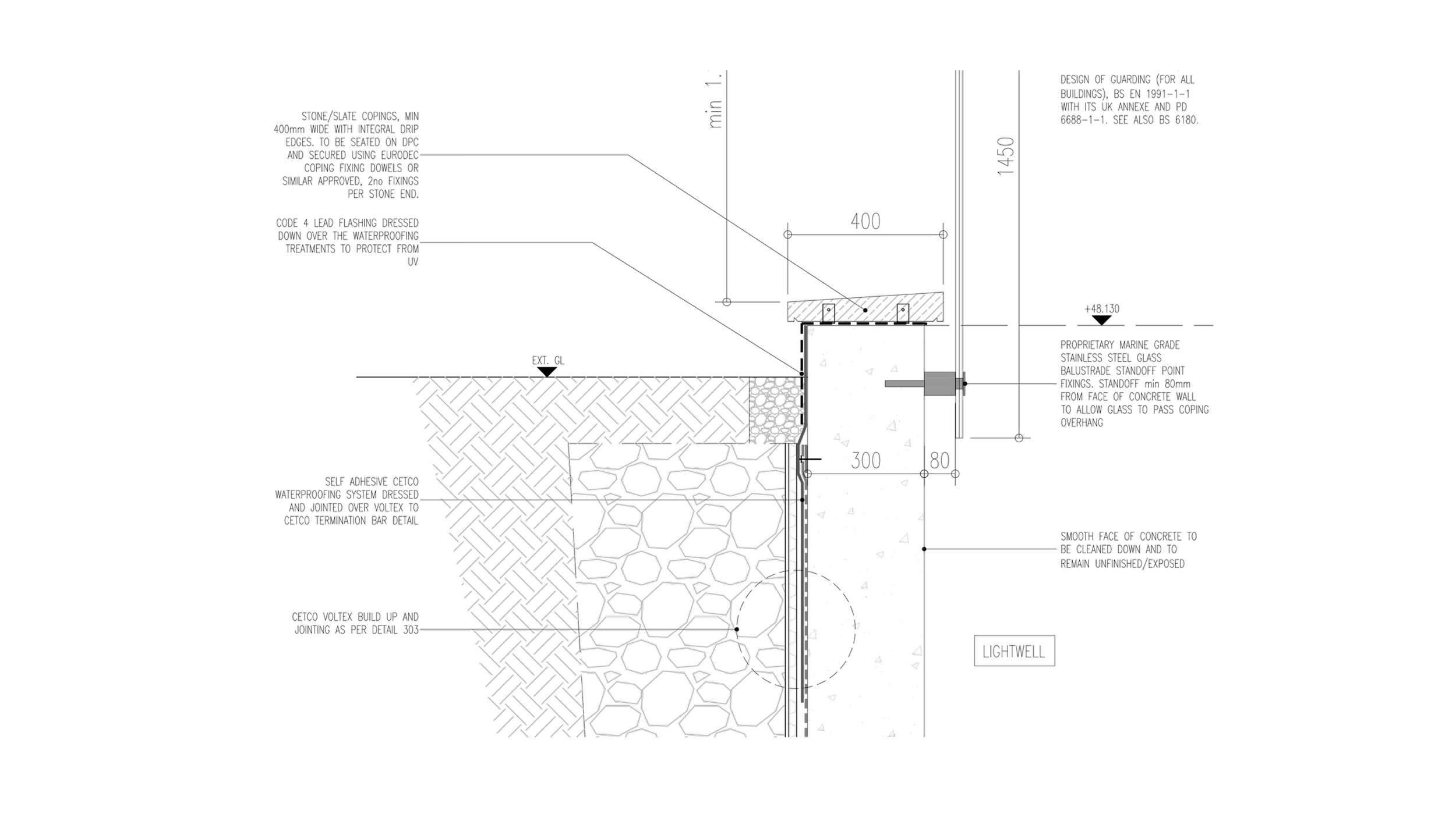 Technical construction drawing for foundation and wall detailing — structural section for residential development