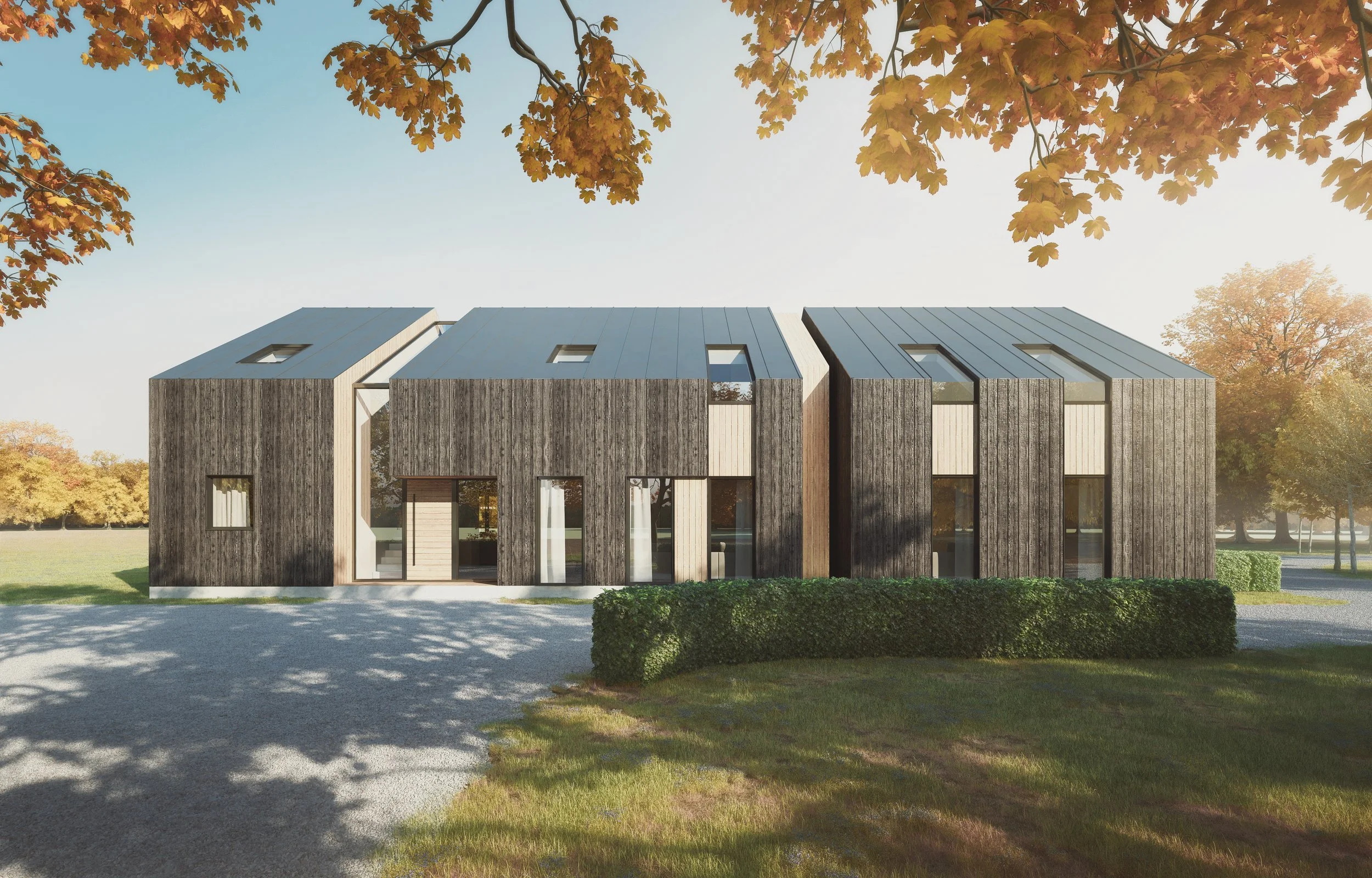 Contemporary residential project using timber and metal cladding — low-density housing in landscaped setting