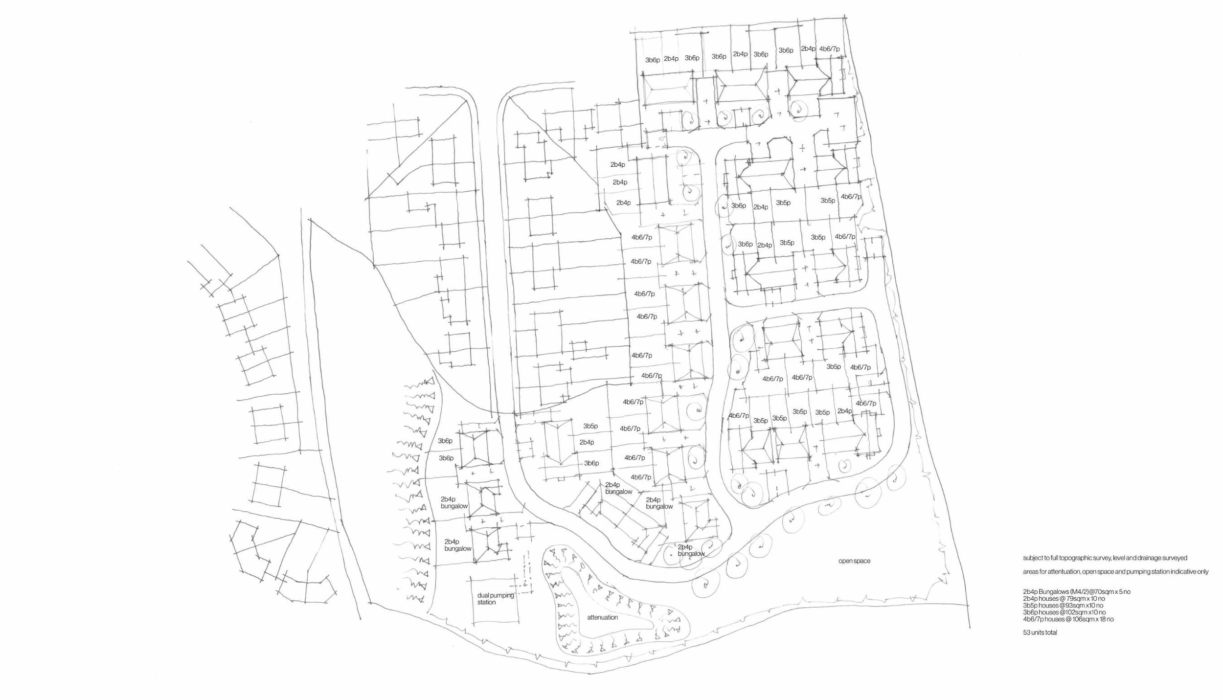 Site plan showing bungalow layout and green open space — residential scheme with soft circulation strategy