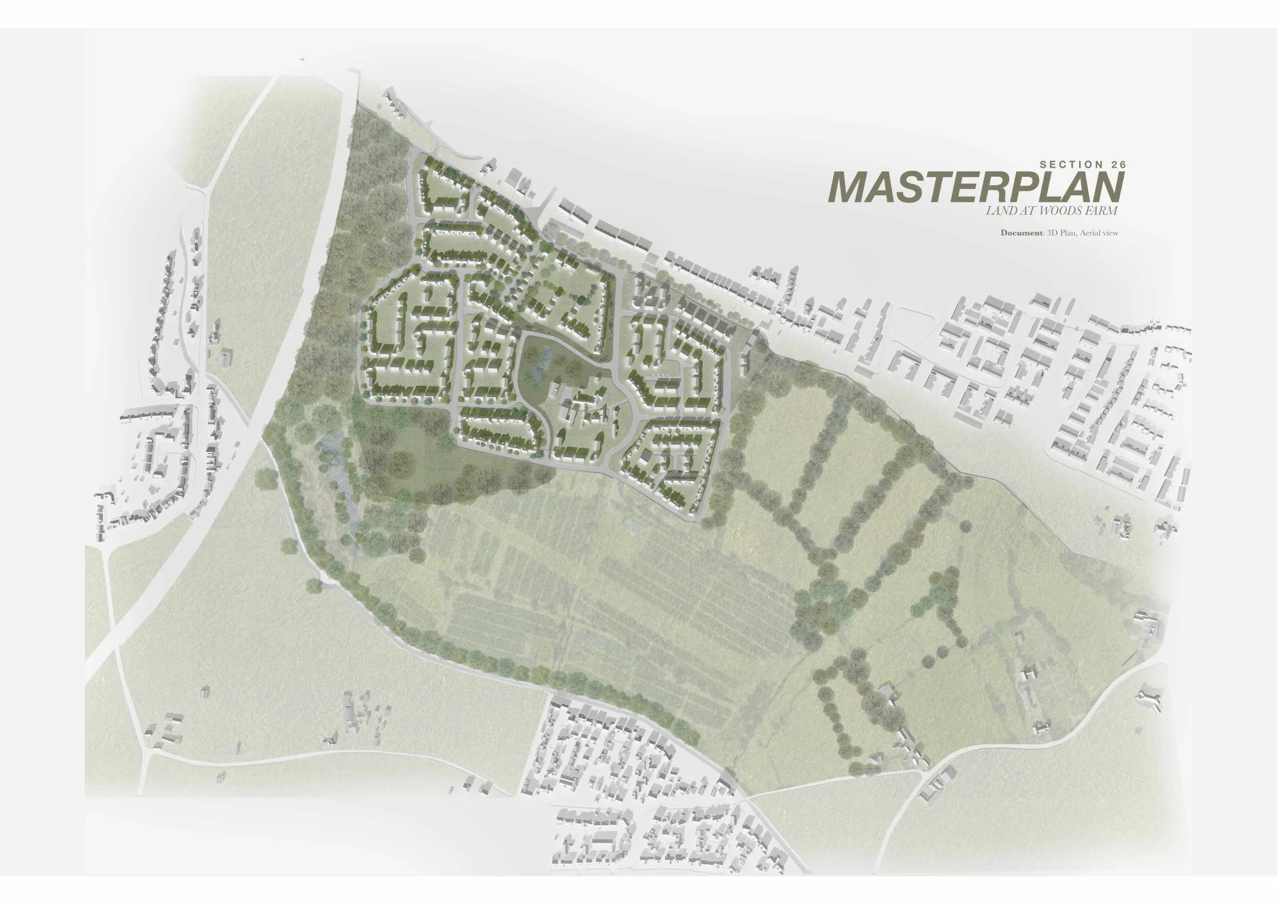 Masterplan for Woods Farm housing site — showing roads, green spaces and residential clusters for strategic development