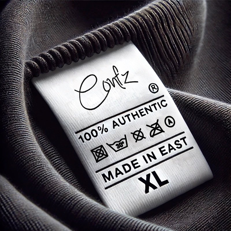 Close-up of clothing care label inside a black garment, showing brand, material authenticity, manufacturing origin, size, and care symbols.