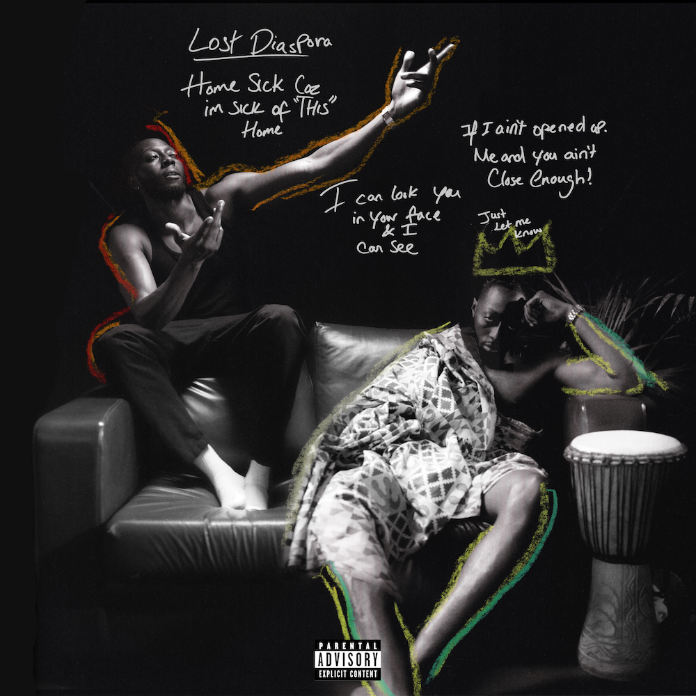 Black and white photo of two women sitting on a couch, with handwritten words and doodles around them. One woman is sitting with her head resting on her hand, and the other is sitting with her arm resting on a drum, looking thoughtful. The text includes phrases about feeling tired of home, personal thoughts, and expressions of frustration, along with colorful outlines around the women and text.