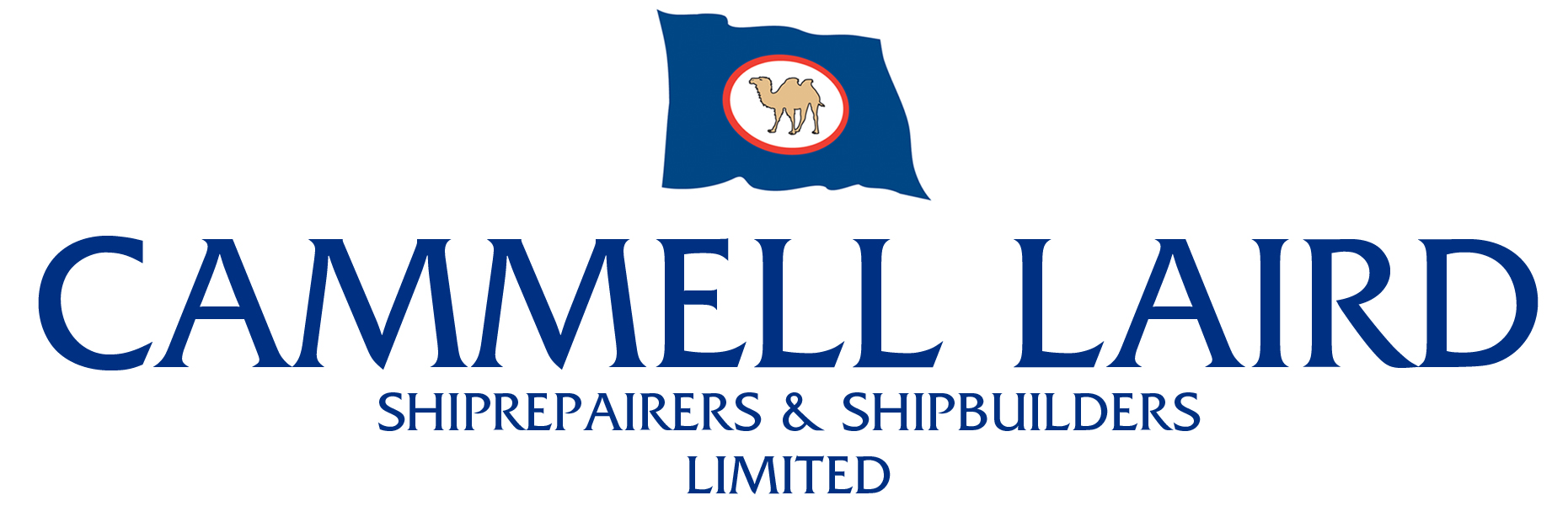 Logo for Cammell Laird Shiprepairers & Shipbuilders Limited featuring a blue flag with a camel inside a red circle.