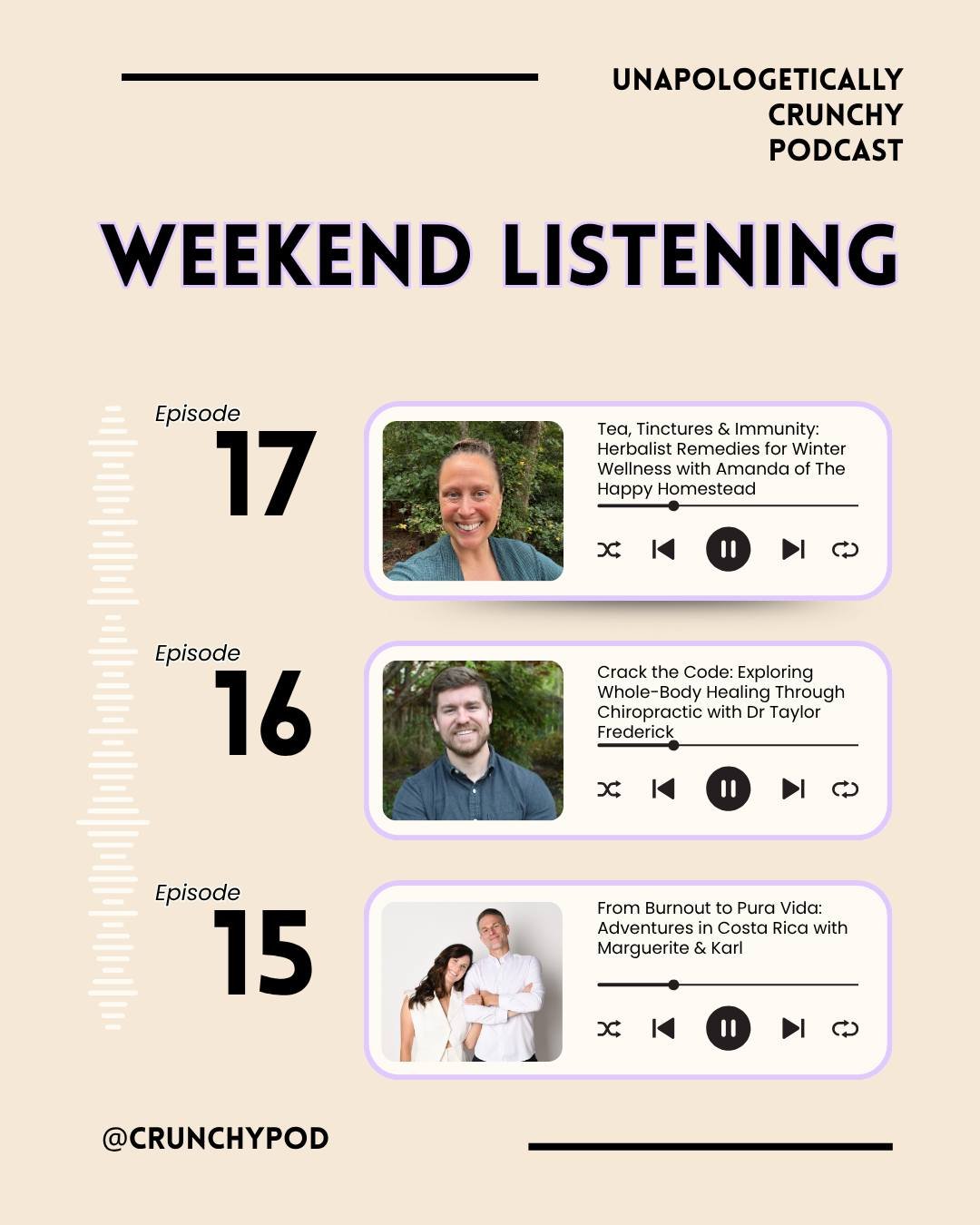 ✨ weekend line up...let'ssssss go!

🎧  tune in to our latest podcast episodes! 

👂 listen and let us know your thoughts...drop a comment below! 

#crunchypod #unapologeticallycrunchy #unapologeticallycrunchypodcast #holisticwellness #spiritualwelln