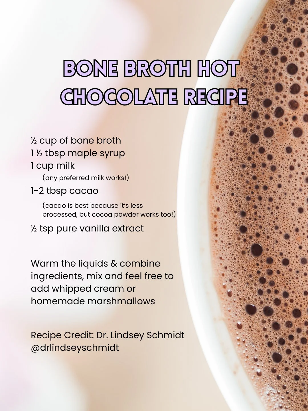 ☕️ if you listened to the podcast, you already know ✨

☕️ this protein &amp; collagen packed  bone broth hot chocolate is our go-to when we want comfort and nourishment - perfect for both adults &amp; kids!

☕️ we've been using this recipe for a coup