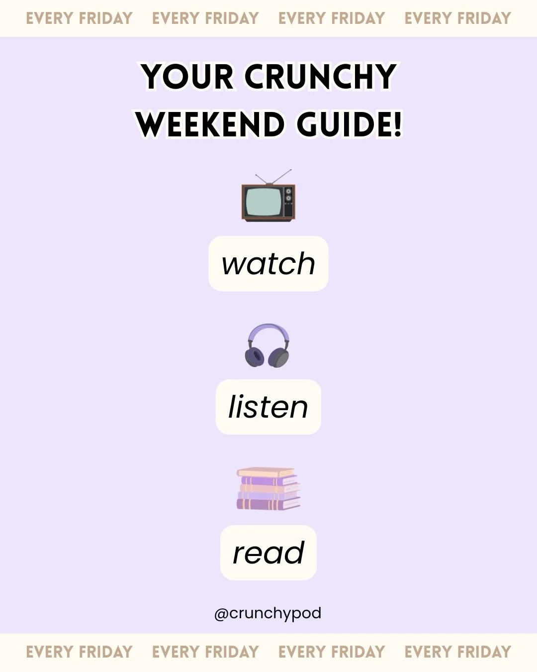 your weekly crunchy weekend guide is here! 📺🎧📚

💜 save this and share with a friend who needs a good weekend! 

✨ and if you want the links send straight to your inbox, comment CRUNCHYFRIDAY

👇 drop your favorites below!  I&rsquo;m always lookin