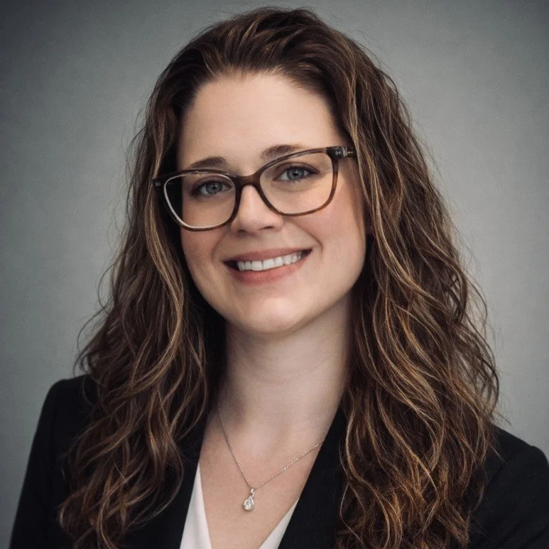 A woman with long curly brown hair, wearing glasses, a black blazer, white top, and a silver necklace, smiling against a grey background.