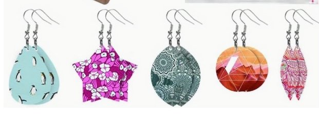 Une série de cinq paires de boucles d'oreilles de différentes formes et couleurs