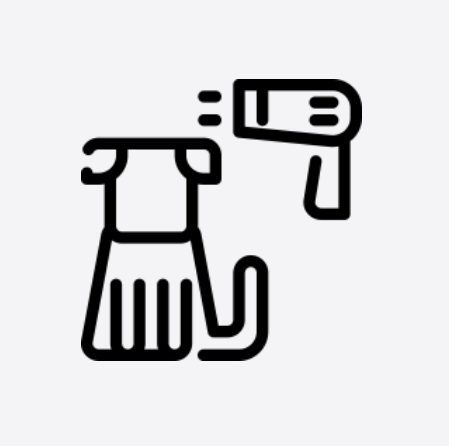 Line drawing of a clothes iron and a dress with a ruffled bottom