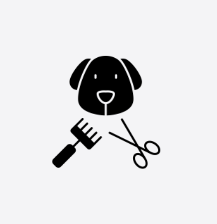 A black and white icon of a dog's face with grooming tools, including scissors and a comb, around it.