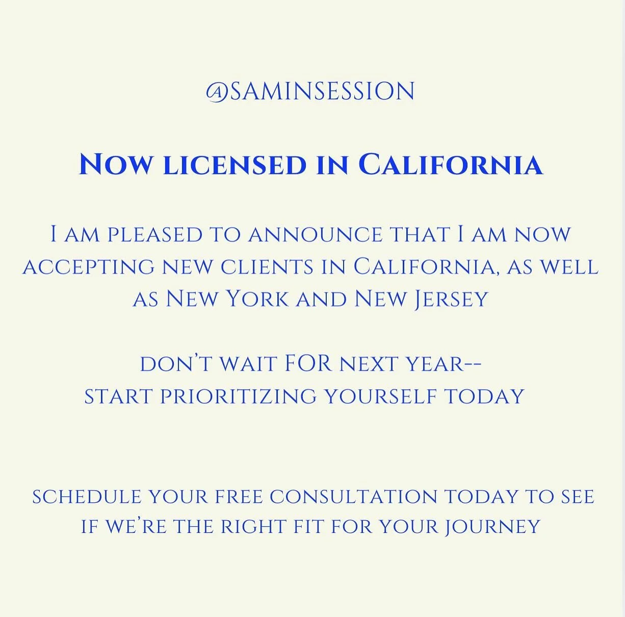 🔔🔔For my amazing California community, I am happy to announce I am now CA licensed and accepting new clients. Reach out today to schedule a free 15 min consult