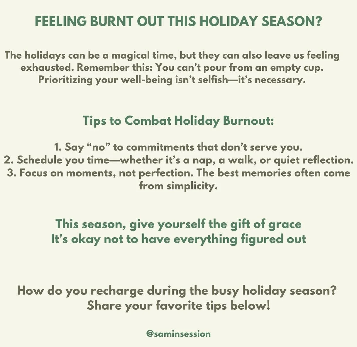 The holidays can be magical- but also exhausting. Remember to prioritize you. How do you recharge this time of year? 🎁