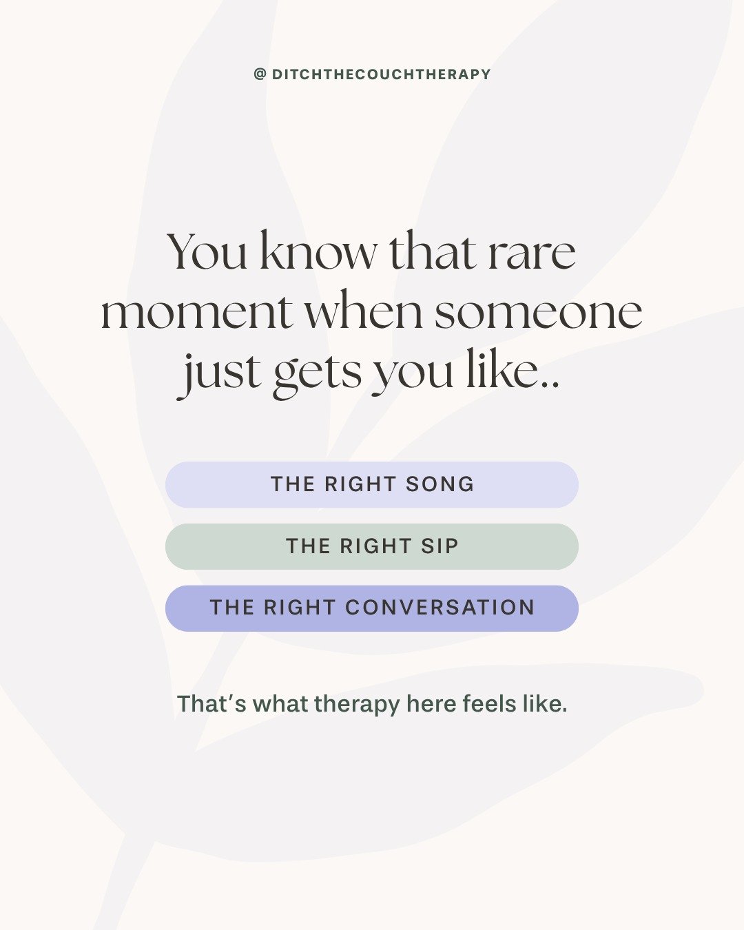 The right therapist feels like that first sip that just hits right.
Familiar, grounding, and exactly what you didn&rsquo;t know you needed.

At Ditch The Couch, each therapist brings their own flavor to the work:
☕ Goldie &mdash; gentle depth and gro
