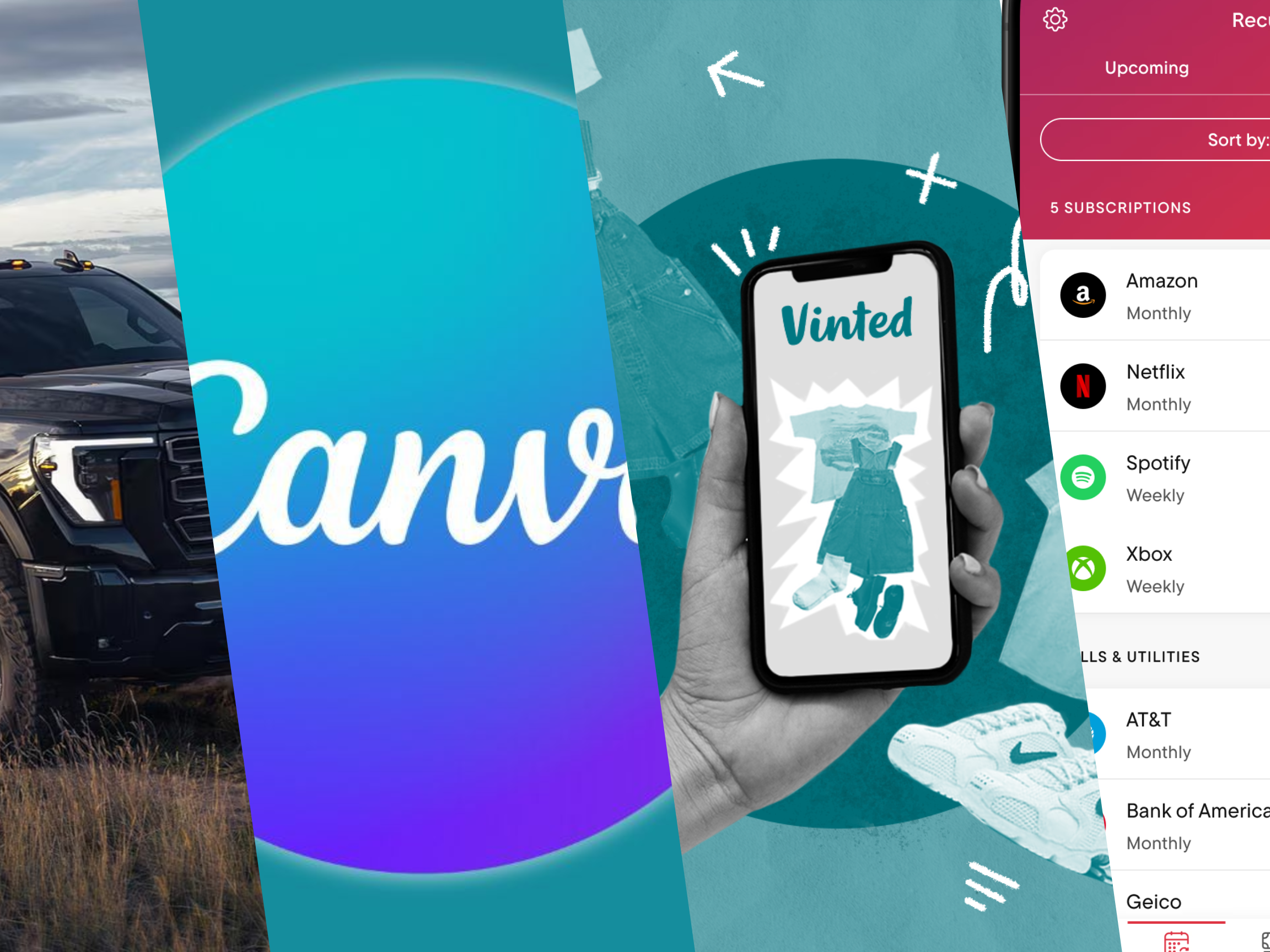 Collage of images including part of a black truck, a blue background with the word 'bunde' partially visible, a person holding a smartphone displaying an app named 'Vinted', and a screenshot of a subscription management app showing options like Amazon, Netflix, Spotify, Xbox, AT&T, and Geico.