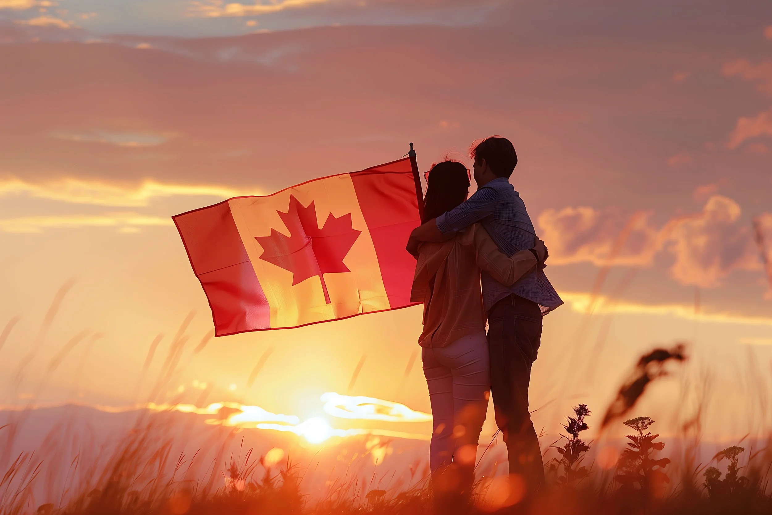 Un couple qui s'étreint dans un champ avec un drapeau canadien en main, au coucher du soleil.