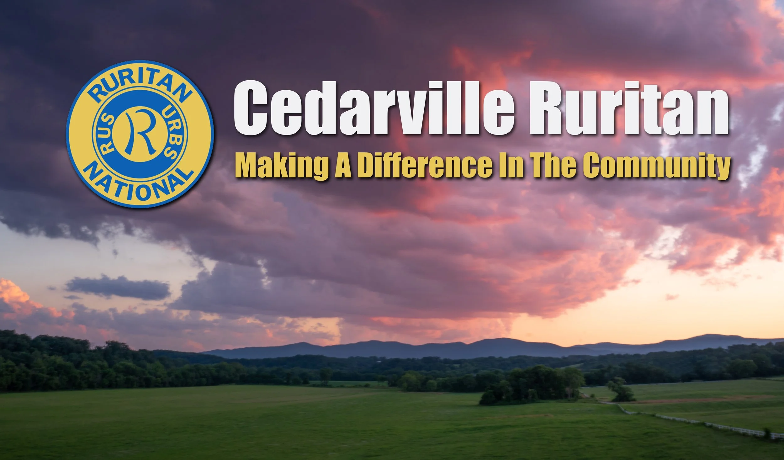 Cedarville Ruritan homepage hero featuring a scenic rural landscape in Warren County, Virginia, with the Ruritan logo and the message ‘Making a Difference in the Community