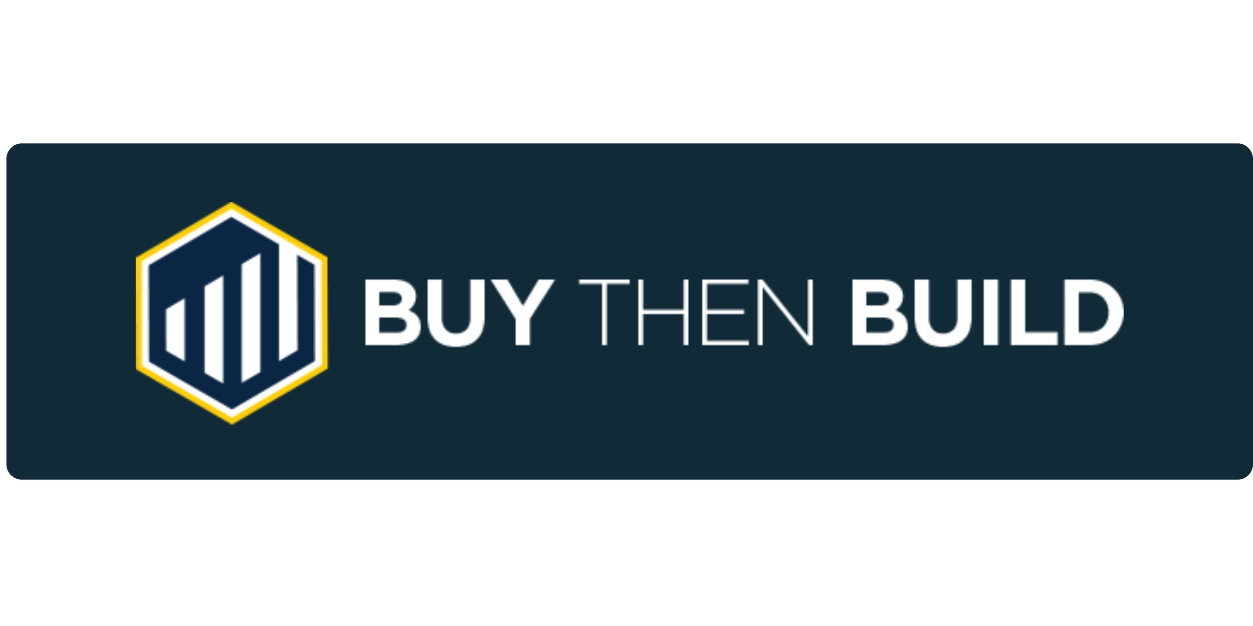 Buy Then Build logo with a hexagonal icon featuring vertical white bars on a dark blue background and the text 'BUY THEN BUILD'.