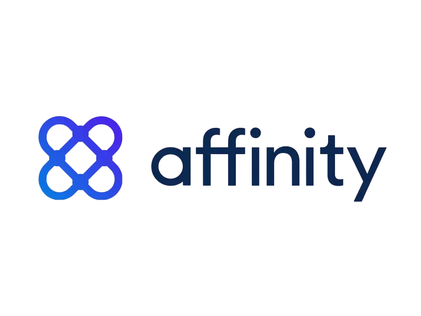 Affinity logo with a blue gradient, featuring a stylized, interconnected geometric symbol and the word 'affinity' in lowercase letters.