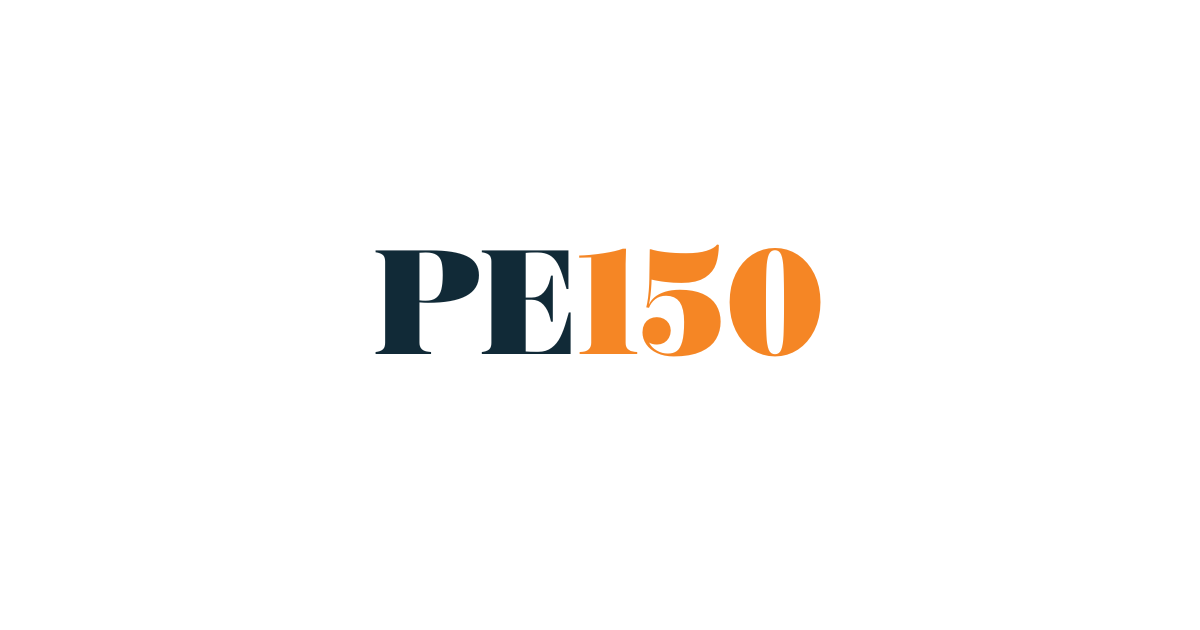 Black background with large colored text reading 'PE150' in dark blue and orange.
