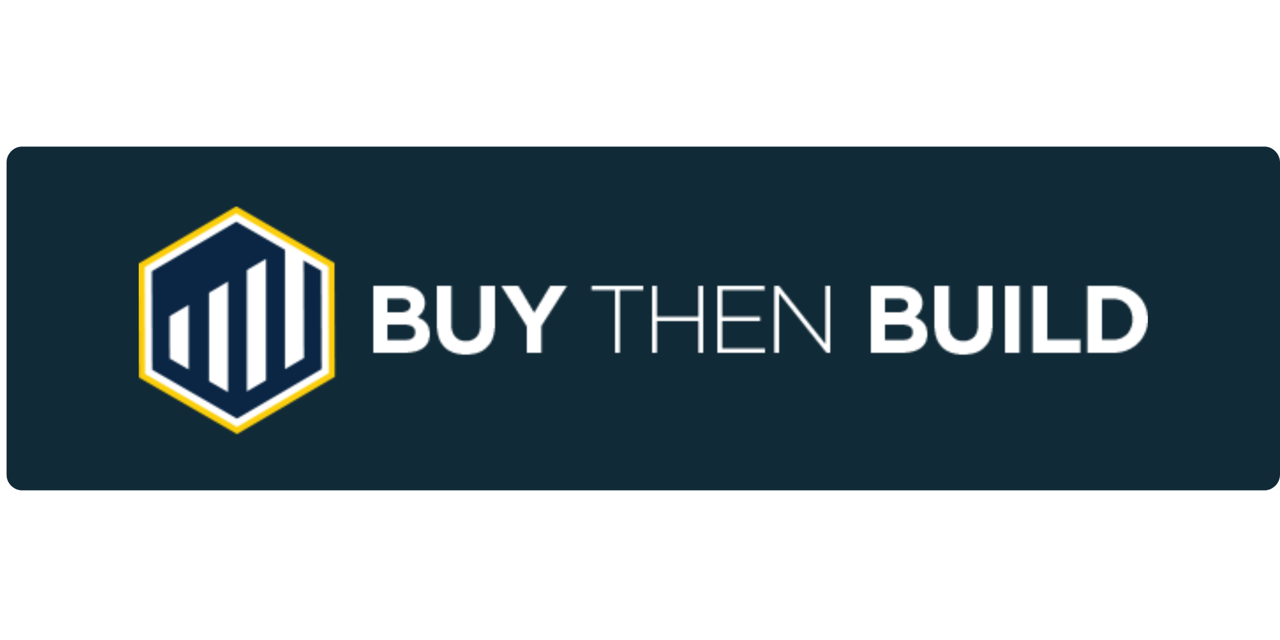 Buy then Build logo with a hexagonal emblem containing vertical bars and the text 'BUY THEN BUILD' to the right.