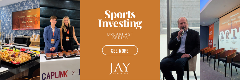 A collage of images from a Sports Investing breakfast series event, featuring a breakfast buffet with pastries and fruits, two people standing behind a table, a speaker at the event, and a conference room with a presentation slide.
