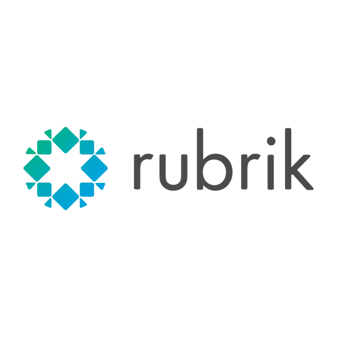 Rubrik logo with stylized circular icon consisting of interconnected diamond shapes in blue and teal, next to the word 'QRadar' in gray.