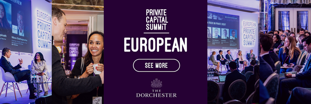 Panel discussion at the European Private Capital Summit, with audience members listening, and a large screen displaying the event branding.