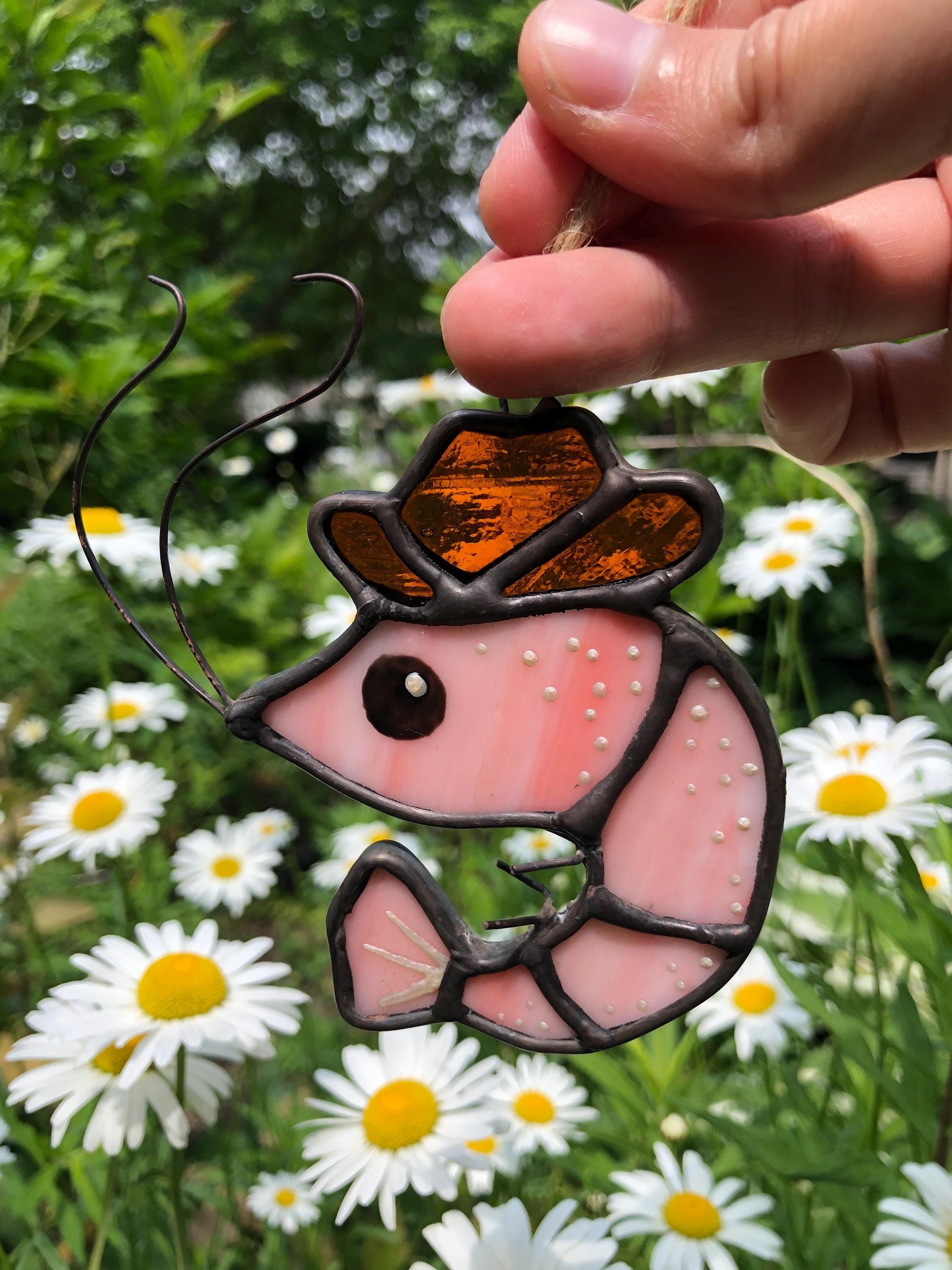 Cowboy Shrimp Stained Glass Suncatcher/ ornament – Cute Pink Shrimp Ornament with Hat & Wire Antennae – Handmade Coastal Window Deco