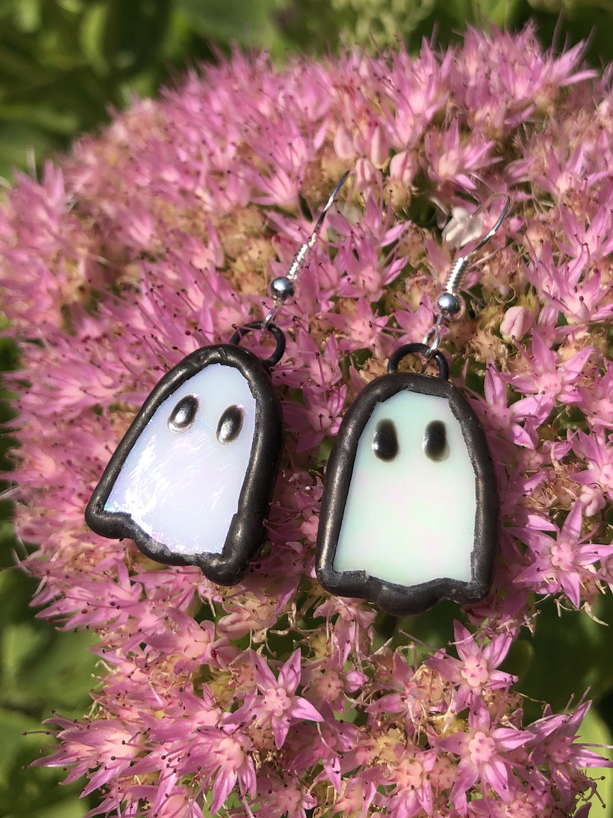 Iridescent Ghost Stained Glass Earrings – Handmade with Sterling Silver Hooks, Hypoallergenic