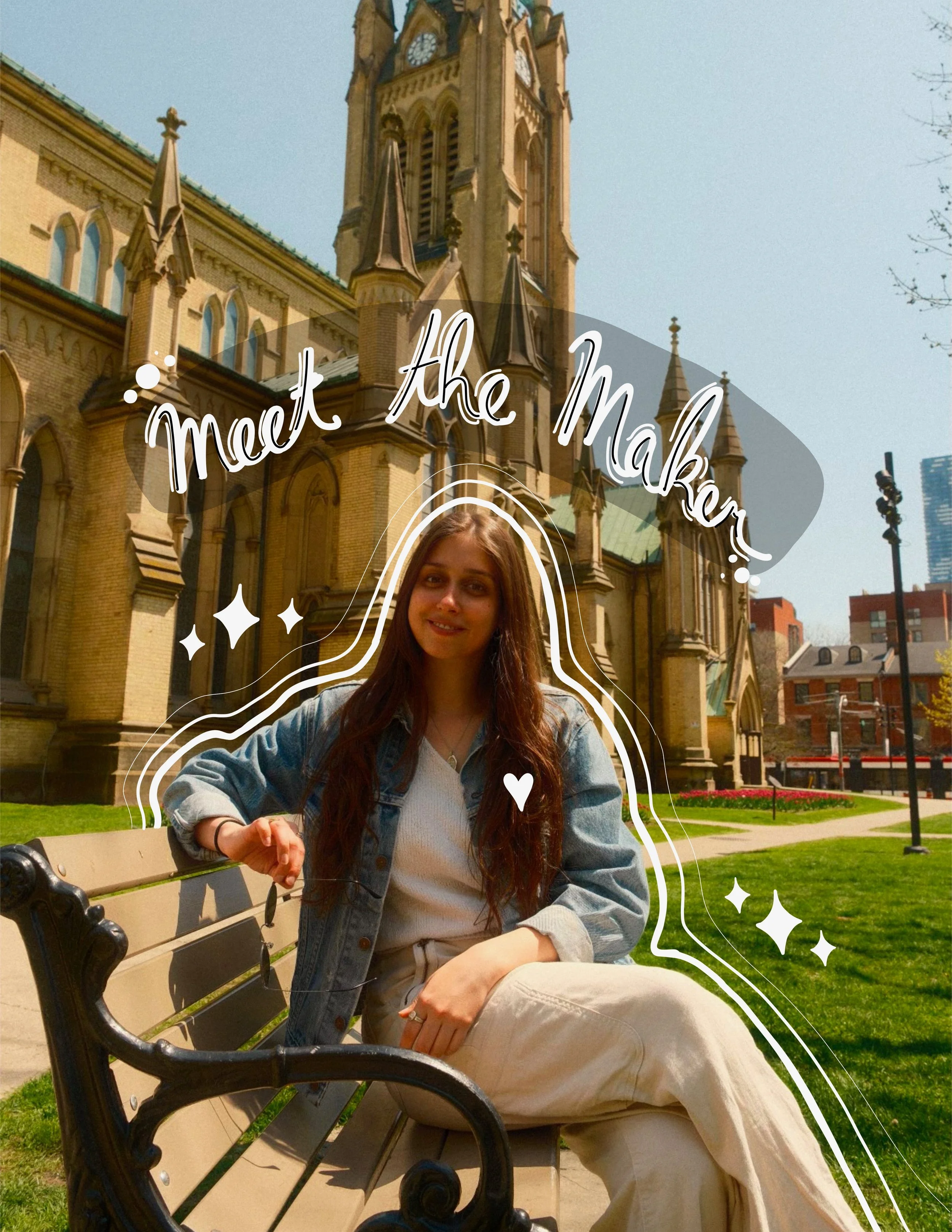 A young woman with long brown hair sitting on a bench in front of a historic church with Gothic architecture, decorated with animations and the phrase 'meet the maker' overlayed.