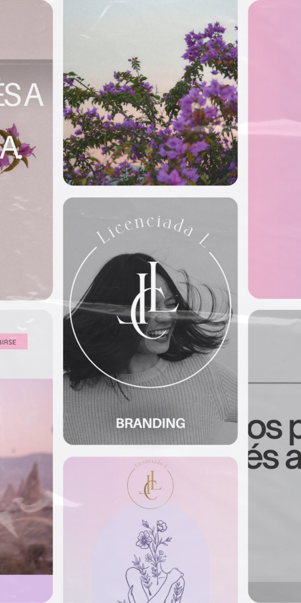 Flores moradas en un arbusto, rostro de una mujer sonriendo con cabello al viento, logos y textos relacionados con marca y licencia. Agencia de marketing para marcas de moda y belleza. Manual de marca, logotipos femeninos.