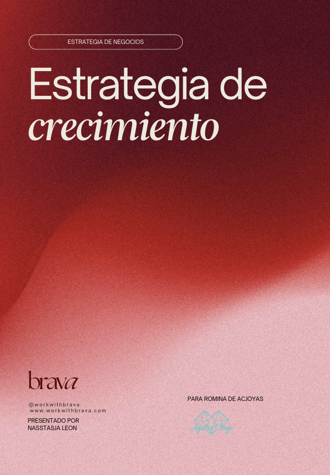 Portada de libro titulado 'Estrategia de crecimiento' y subtítulo 'Estrategia de crecimiento' sobre fondo rojo y rosa, dirigido a Romina de Acoyas, presentado por Nasstaja Leon.