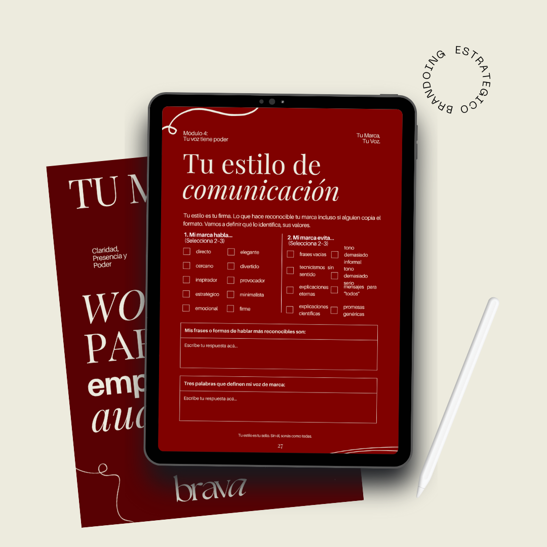 Workbook de 35 páginas + video de 25 min para definir tu esencia, mensaje, voz y presencia digital. Ideal para emprendedoras que quieren claridad de marca.