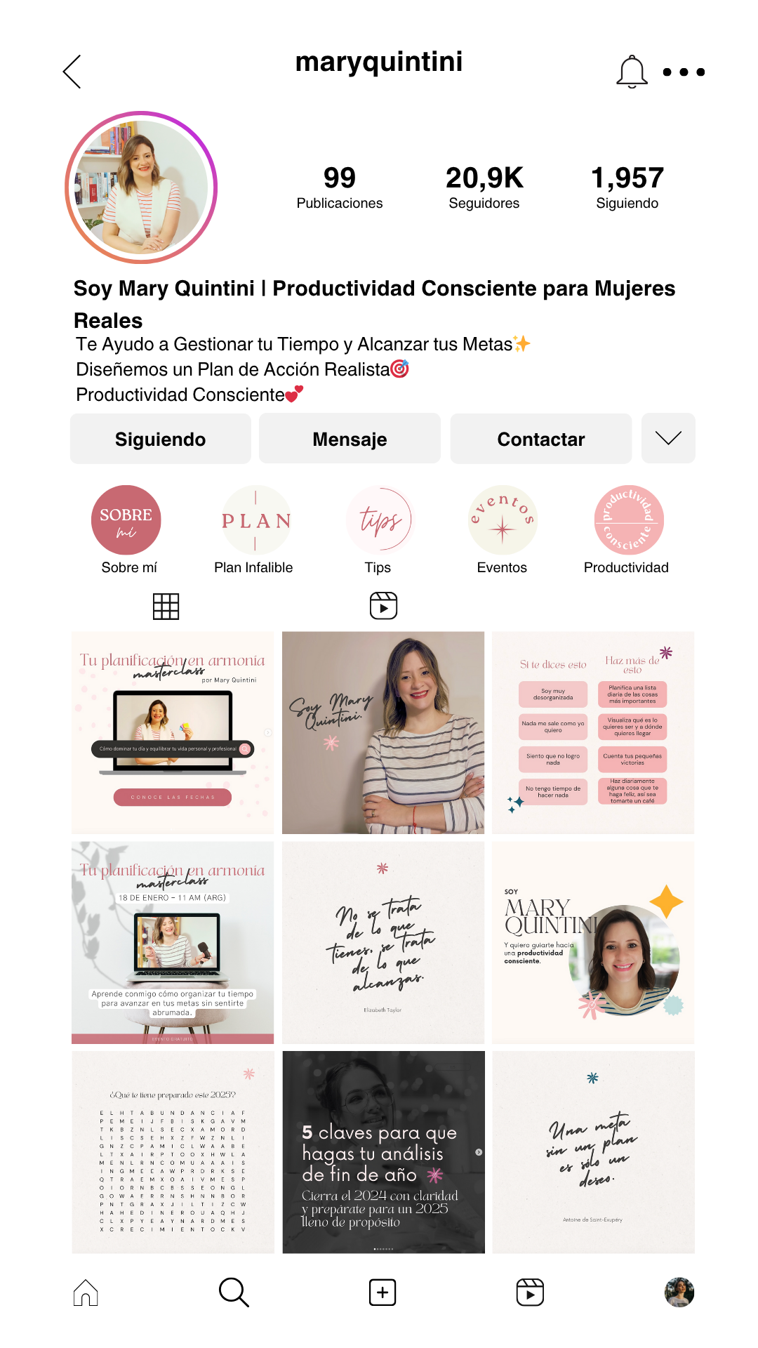 Interfaz de perfil de Instagram de Mary Quintini, con fotos, publicaciones sobre productividad y planificación, y diferentes publicaciones motivacionales y consejos para gestionar el tiempo y alcanzar metas.
