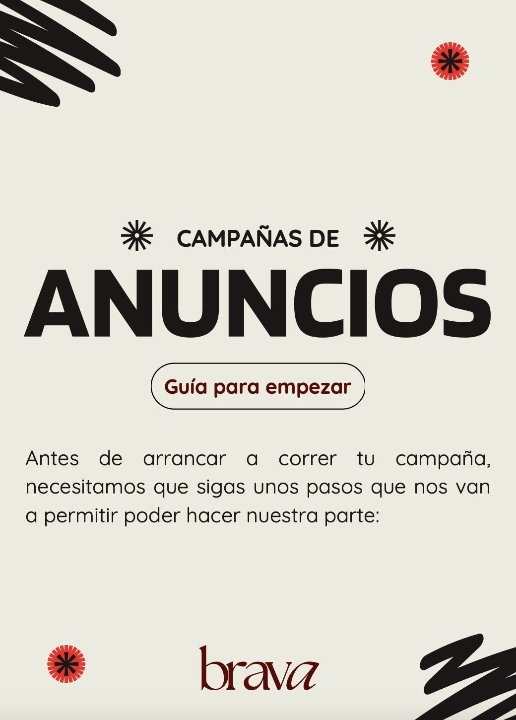 Guía para empezar campañas de anuncios con un fondo claro, decoraciones negras y rojas, y texto en español sobre pasos para iniciar campañas publicitarias.