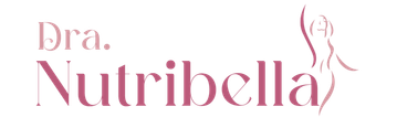 Texto que dice 'Dra. Nutribella' en letras rosas con un dibujo de una mujer con cabello largo, también en rosa. Nutricionista.