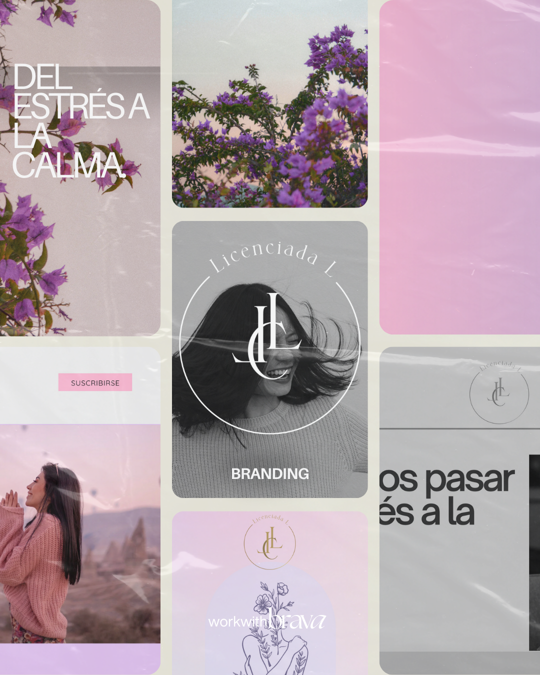 Diseño gráfico con fotografías de flores moradas, una mujer sonriendo al viento, y texto en español sobre branding y suscripción, con logotipo circular y elementos de color rosa y gris.