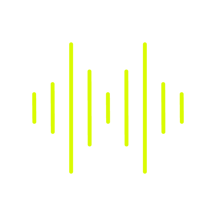 Digital sound waveform with neon green bars on a black background.