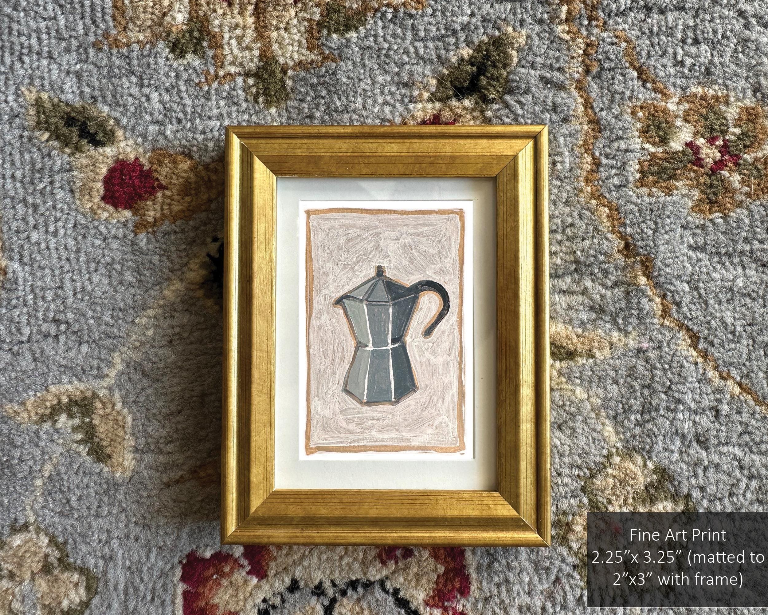Vintage-style mini moka pot illustration in warm tones.