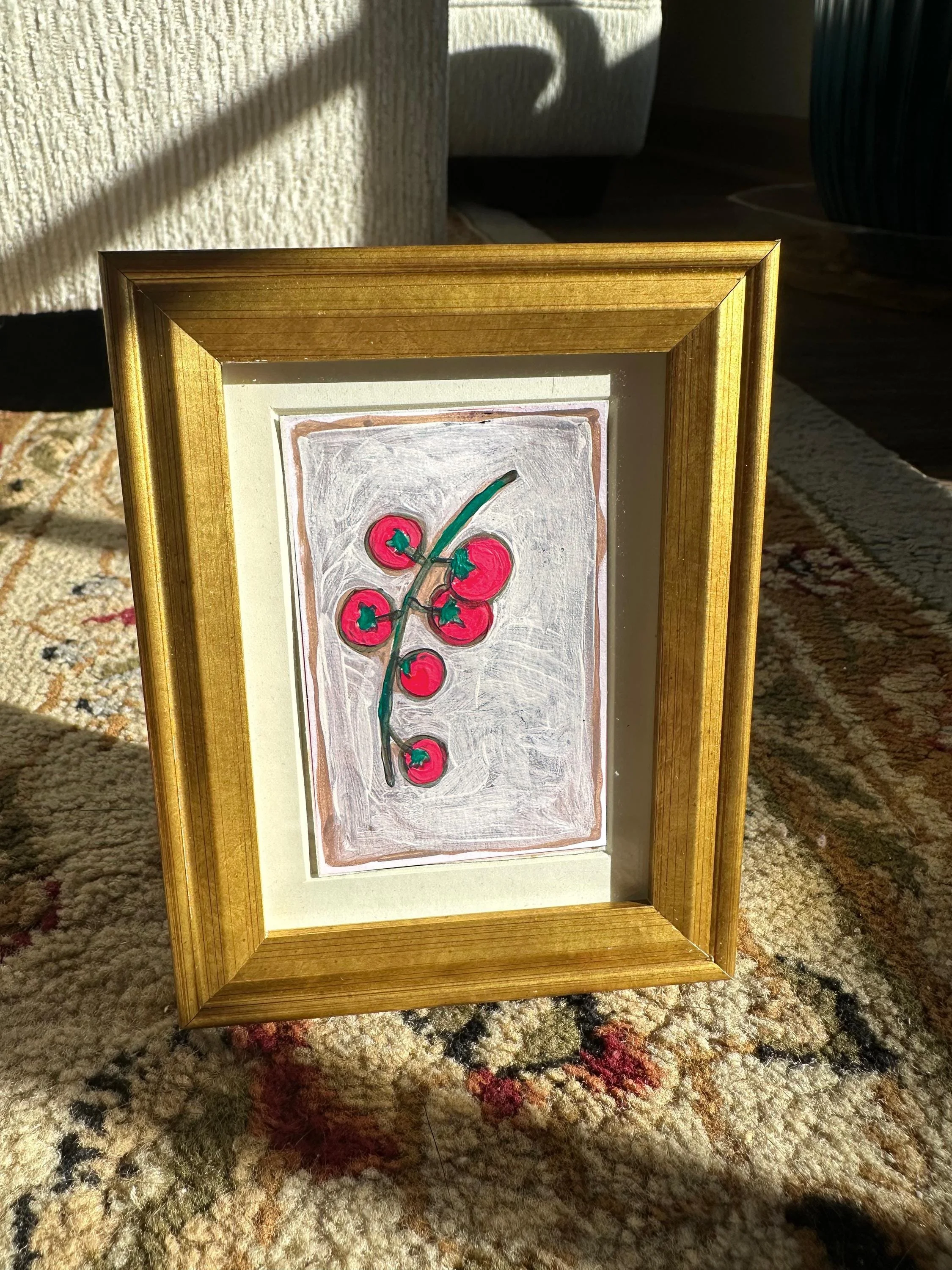 Vintage tomato-themed art print with nostalgic color palette.