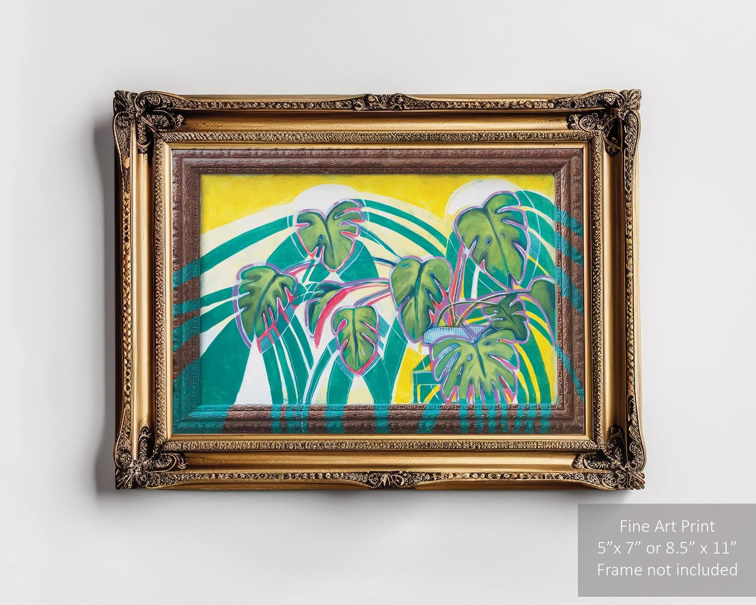 Colorful painting of a monstera plant with vibrant green leaves