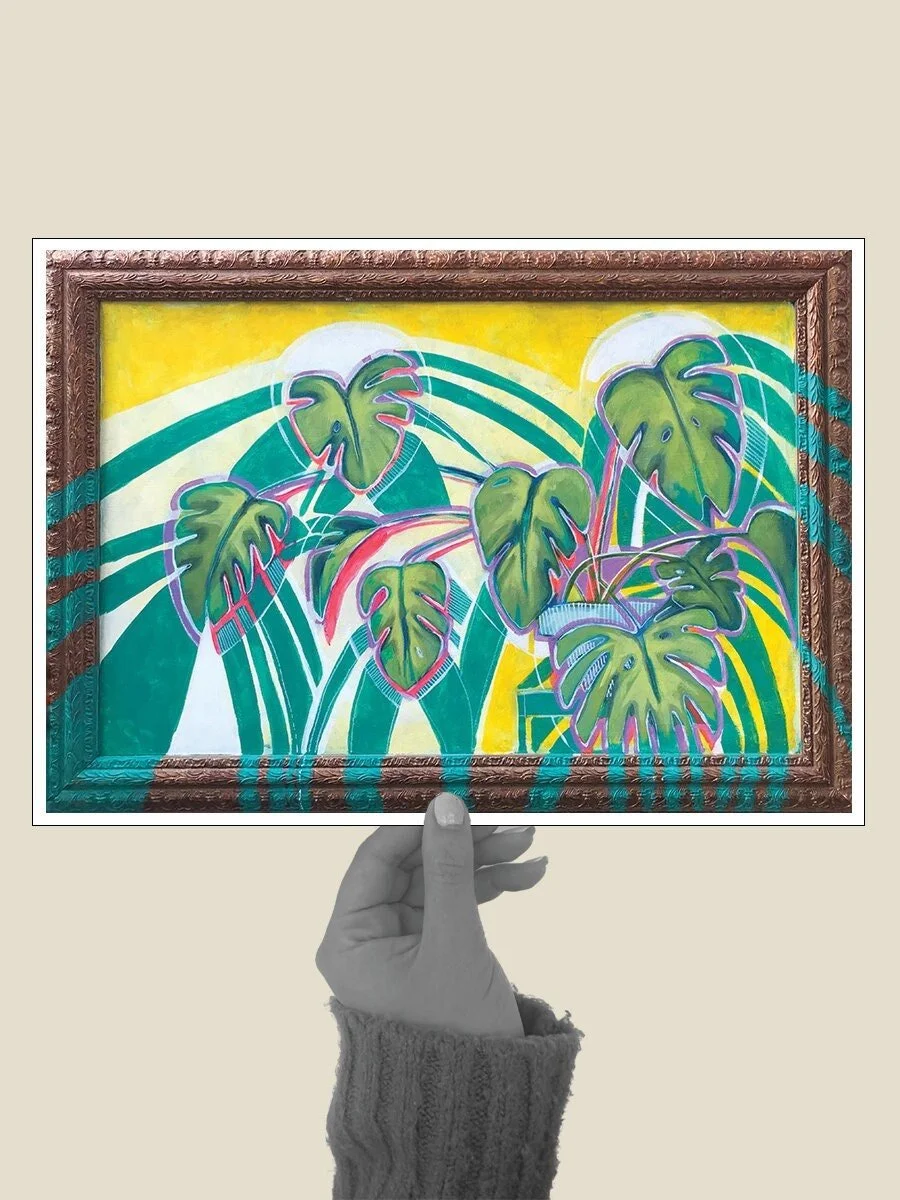 Colorful painting of a monstera plant with vibrant green leaves