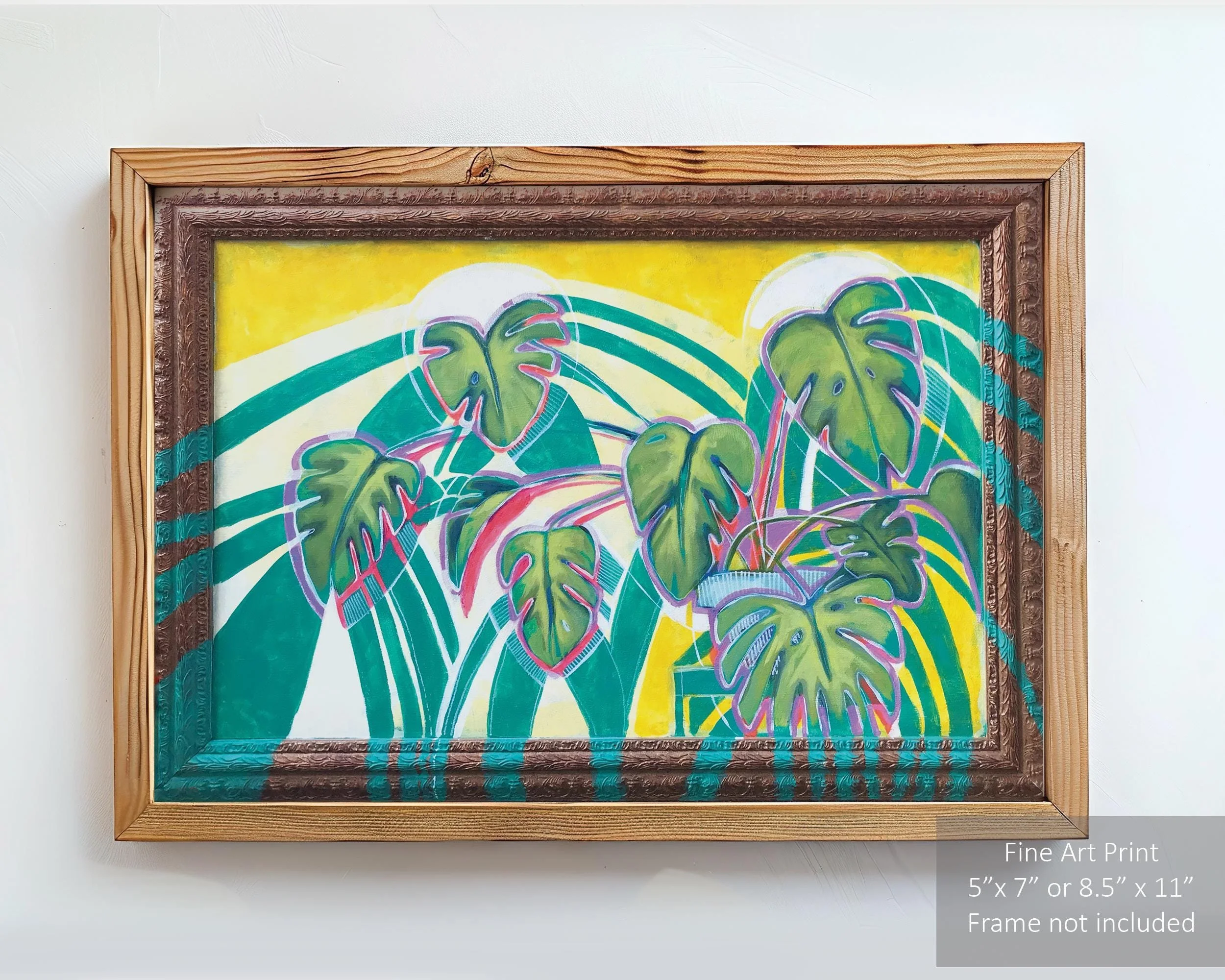 Colorful painting of a monstera plant with vibrant green leaves