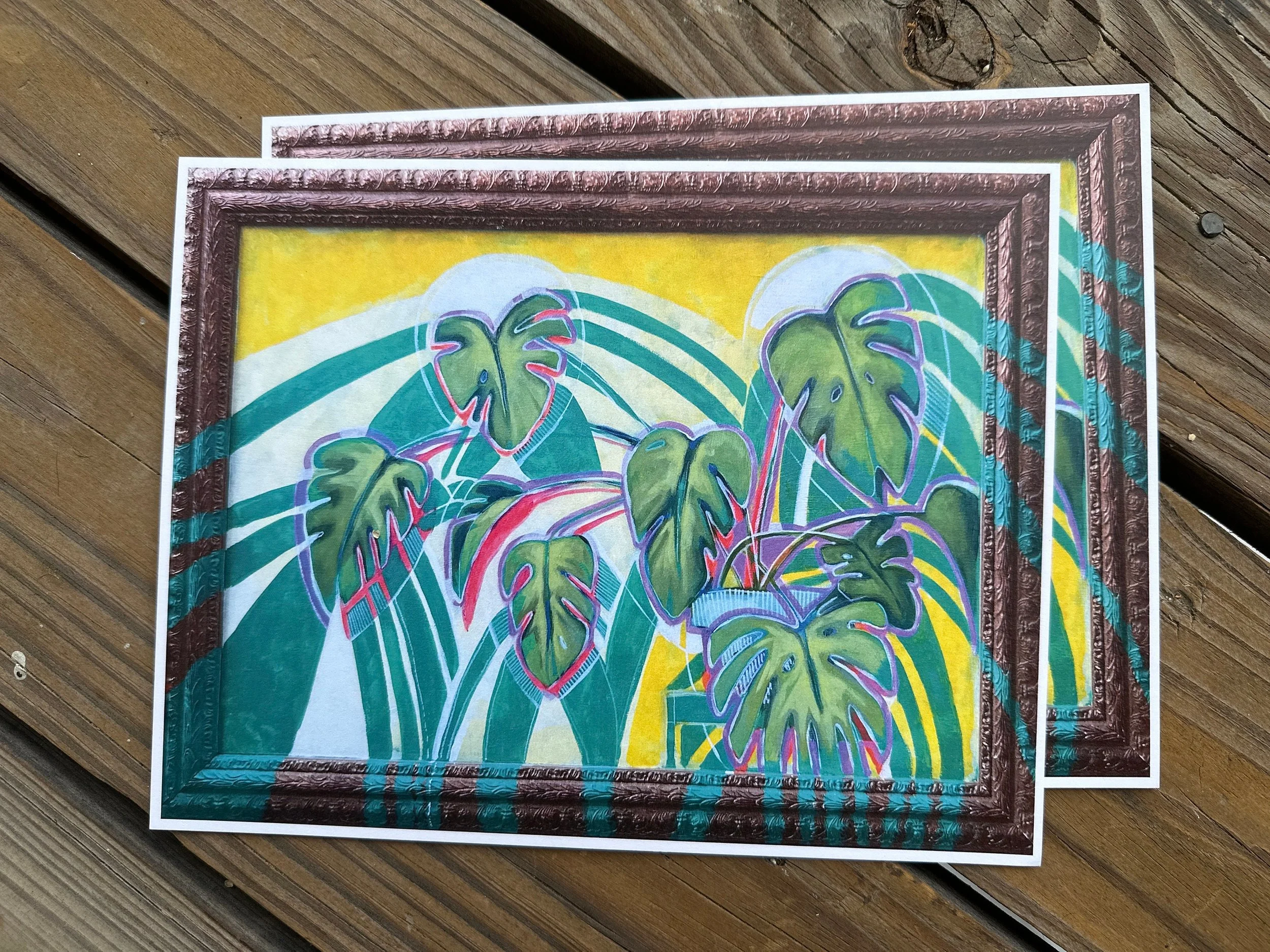 Colorful painting of a monstera plant with vibrant green leaves