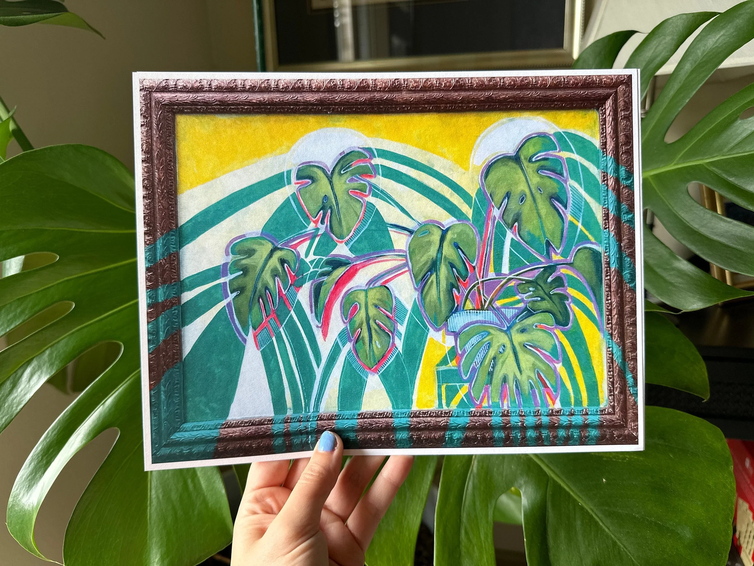 Colorful painting of a monstera plant with vibrant green leaves