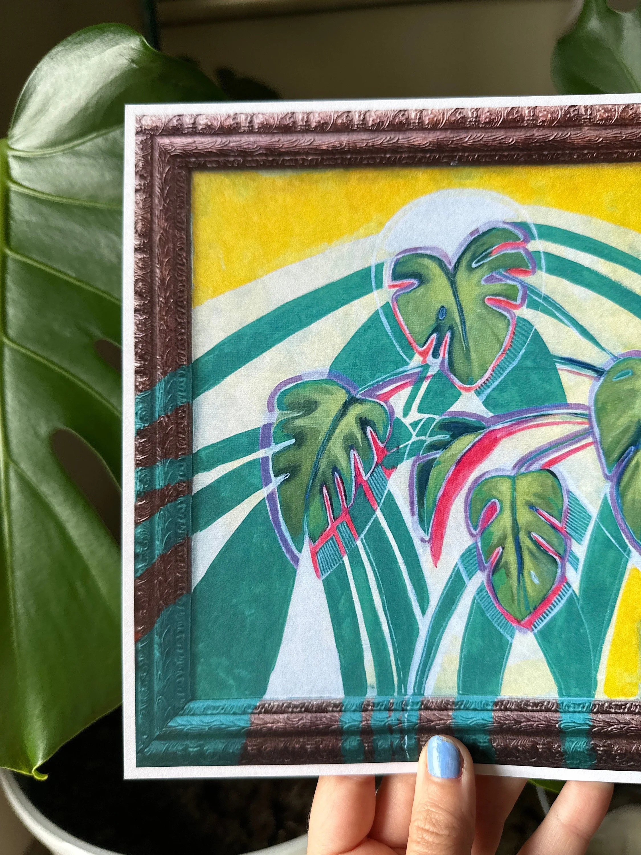 Colorful painting of a monstera plant with vibrant green leaves
