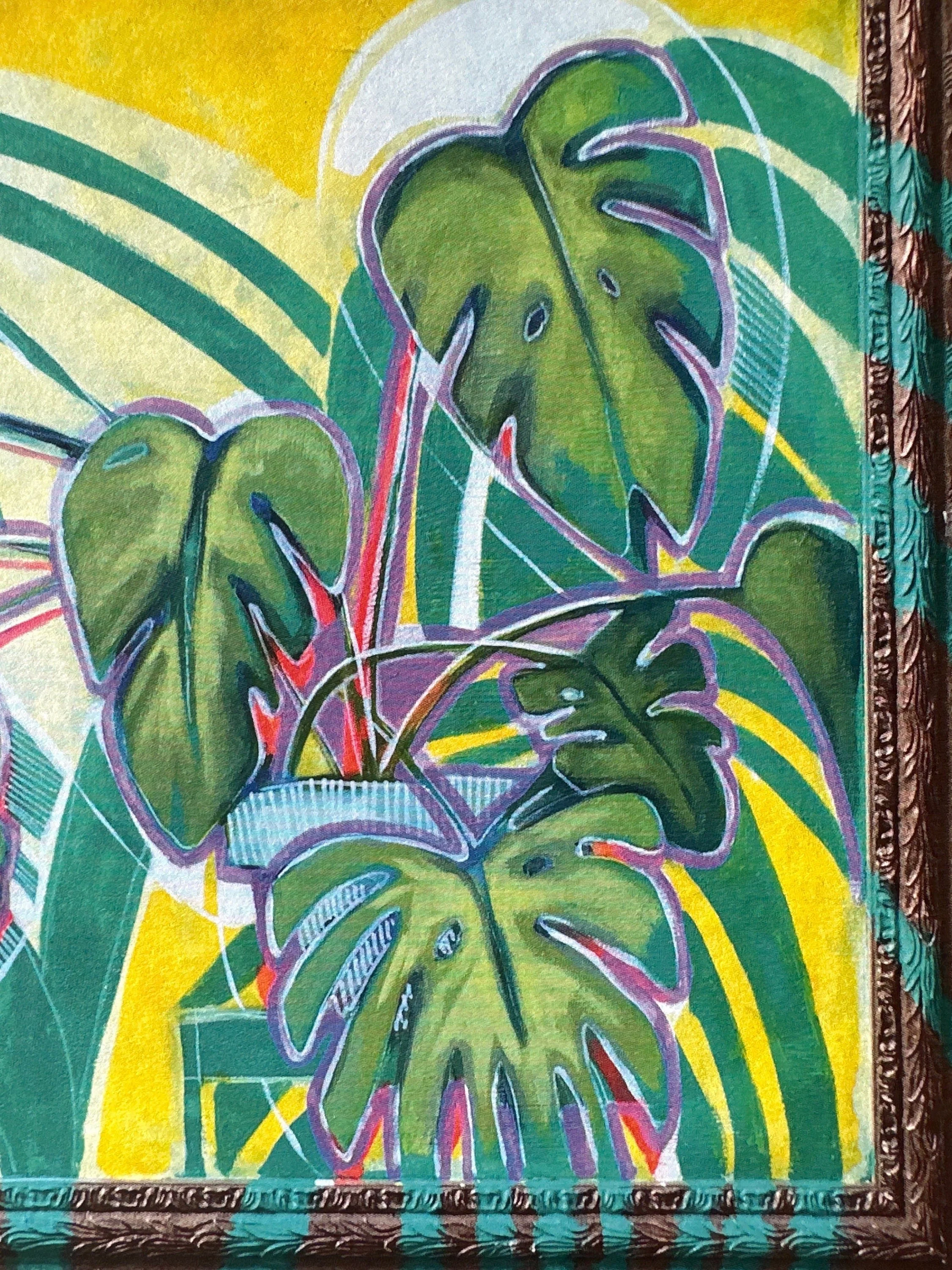Colorful painting of a monstera plant with vibrant green leaves