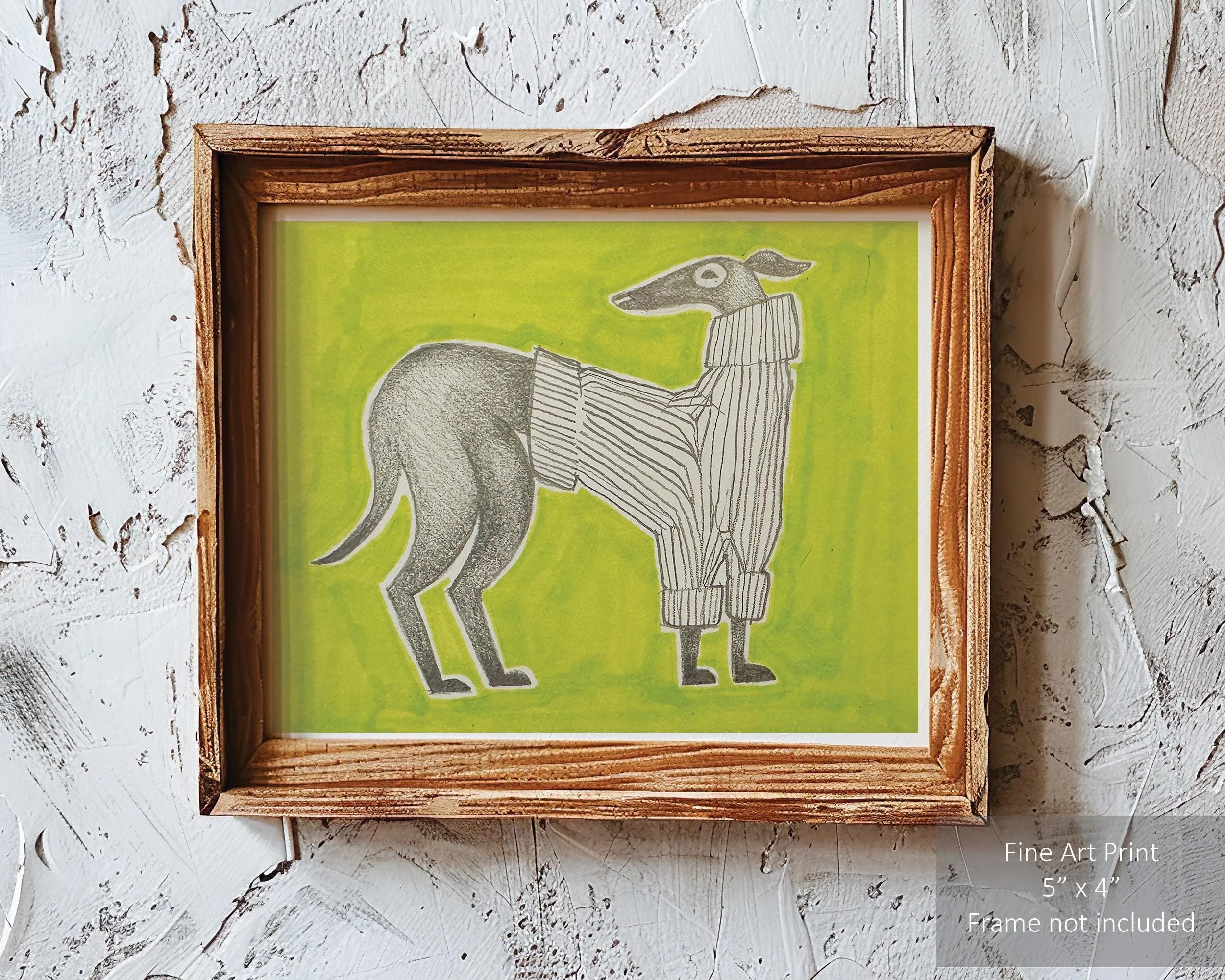 Greyhound dog wearing a cozy sweater on a solid green background.