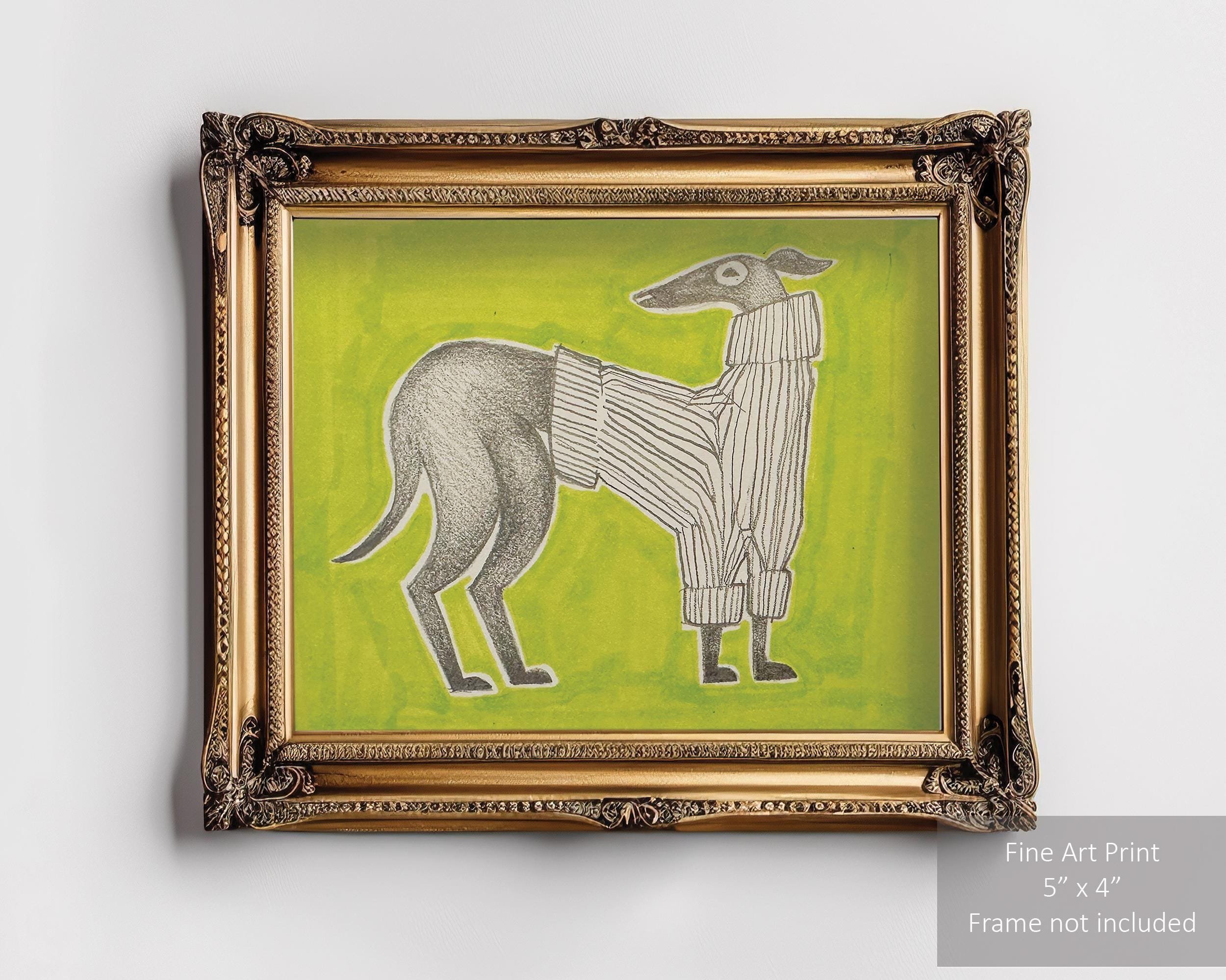 Greyhound dog wearing a cozy sweater on a solid green background.