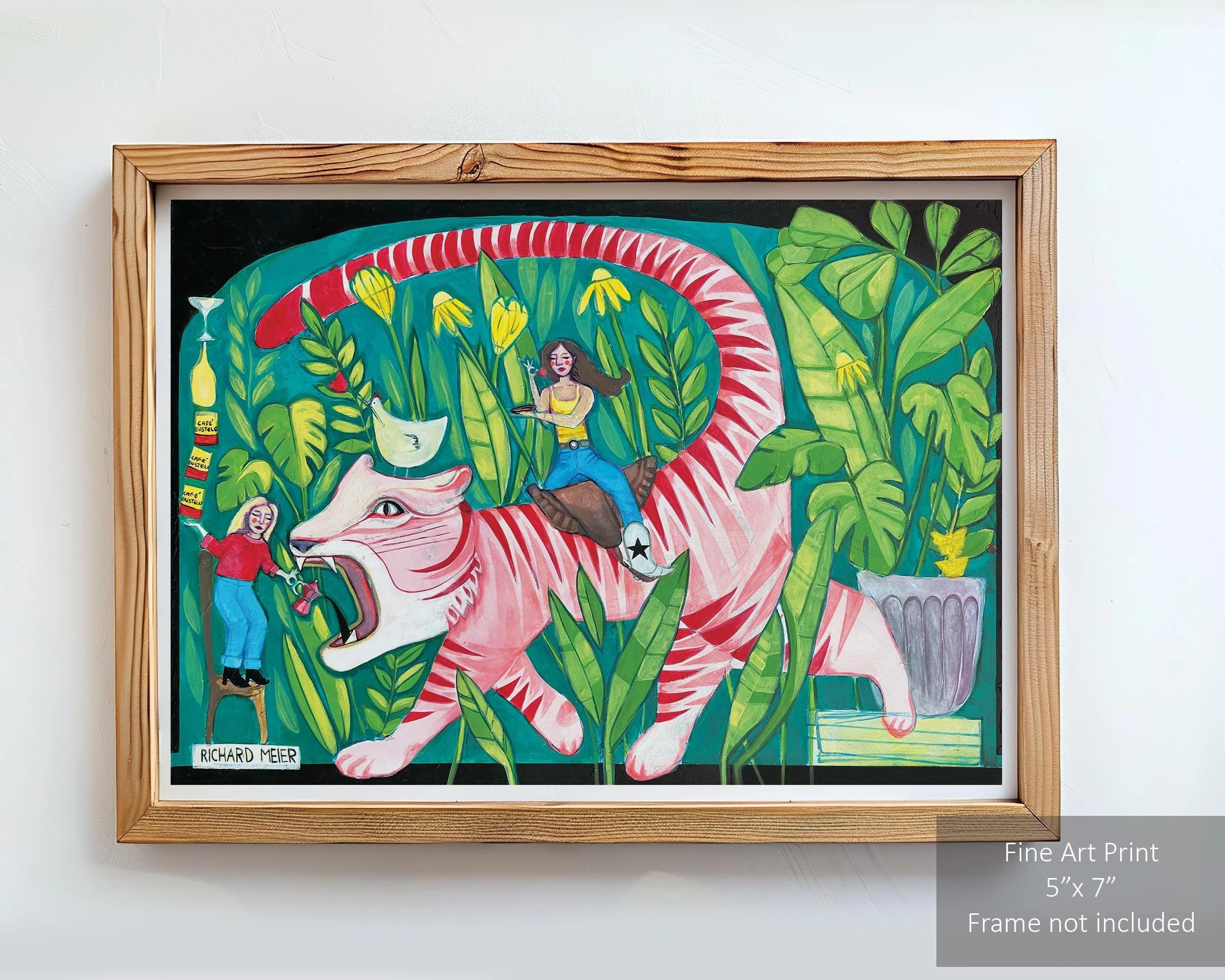 Funky painting of a pink tiger surrounded by plants and two female roommates.